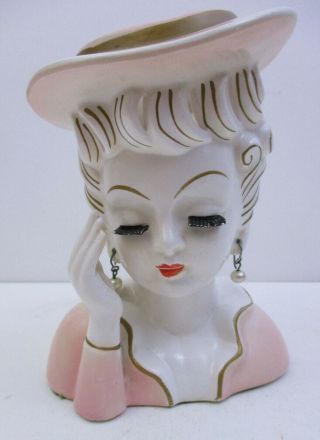 Vintage Lady Head Bust Face - Pink Dress/hat Gold Trim - Planter Vase (bk1u)