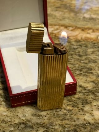 Auth Les Must De Cartier Gold - Plated Godron Striped Oval Lighter W Box