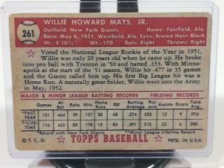 1952 Topps 261 Willie Mays Giants/100 Original/NO CREASES JUST A LITTLE AGING 2