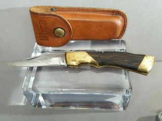 Vintage Utica Wooden Handle Folding Knife In Leather Belt Case