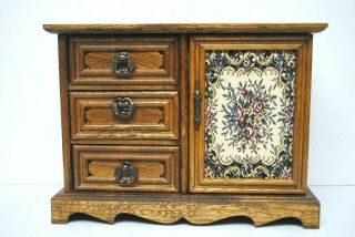 Vintage Solid Wood Jewelry Box With Floral Tapestry Insert Gold Velvet 3 Drawers