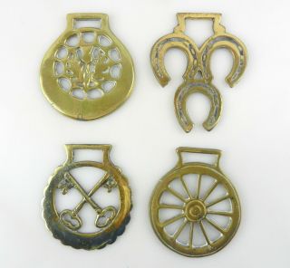 4 Vtg Brass Horse Medallions Equestrian Harness: Keys,  Shoes,  Wheel,  Leaves S17a