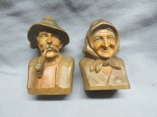 Vtg Hand Carved Wood Old Man Smoking Pipe & Woman Wearing Scarf Busts Pair