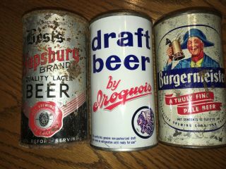 3 Vintage Flat Top Beer Cans Burgermeister,  Best’s Hapsburg & Iroquois