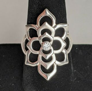 Vintage Sterling Silver Lotus Flower Ring W/cz 5.  7g Size 9.  75 Adjustable