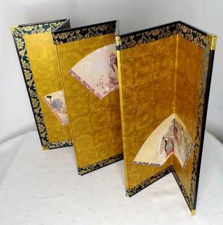 Vintage Japan 6 - Panel Folding Table Screen Silk Border One Sided Box