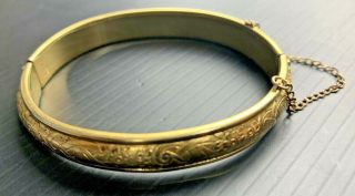 Vtg 12k Gold Filled Hinged Bangle Bracelet With Safety Chain,  Danecraft 17g