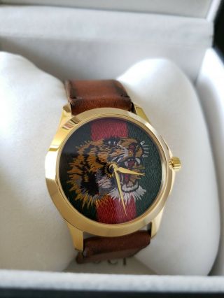 Gucci YA126497 Le Marche Des Merveilles 38MM Men ' s Brown Leather tiger Watch 2