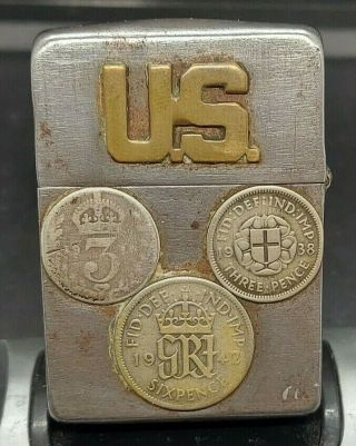 1942 Wwii 4 Barrel 14 Hole Attached English Coins Crackle Removed Zippo Lighter