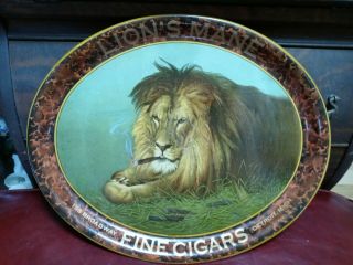 Rare Antique Vtg Advertising Tin Litho Tray Lion’s Mane Fine Cigars Detroit Mi