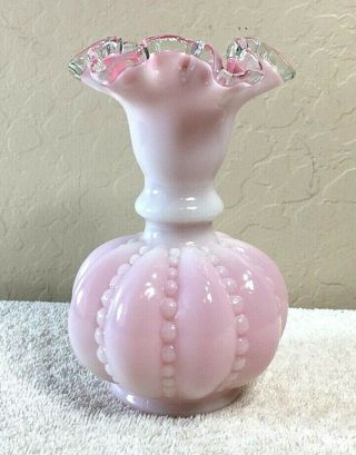 Vintage Fenton White/pink Glass Melon Vase With Silver Crest Fluted Top