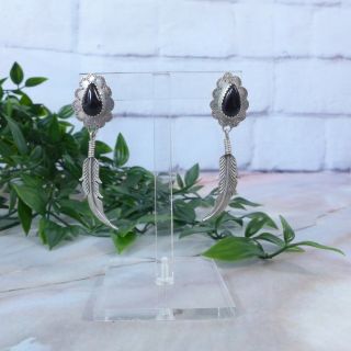 Vintage Sterling Silver 925 Onyx Stone Feather Dangle Pierced Earrings
