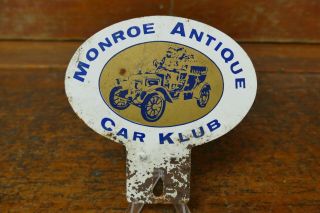 Vintage Monroe Antique Car Klub Club Metal License Plate Topper W/ Car Graphic