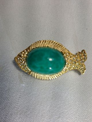Vintage Har Rhinestone Green Jelly Belly Fish Brooch Pin Goldtone