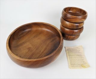 Vtg 5 Piece Monkey Pod Wood Salad Bowl Set W/labels Dolphin Hand Crafted