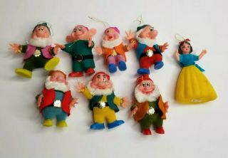 Disney Flocked Ornaments Snow White 7 Dwarfs Vtg Christmas Hong Kong Set Of 8