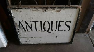 Vintage " Antiques " Painted Wood Sign 19 3/4 " X 25 1/2 " White & Black