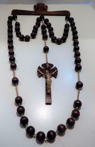 Vintage Large Wall Rosary With Wooden Beads And Crucifix - 28 " Long