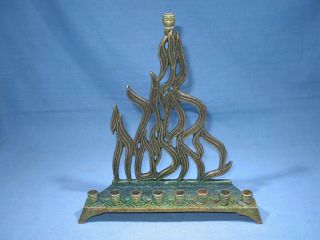 Vintage Hein - Ami Fire Design Brass Judaica Chanukah Menorah Made In Israel