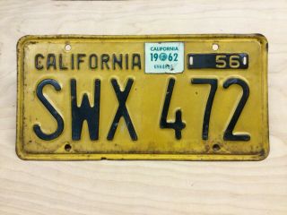 Vintage 1956 - 1962 California License Plate Swx 472