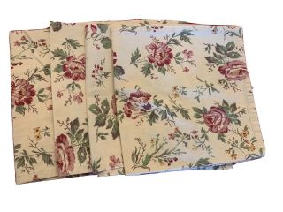 4 Vintage Cotton Cloth Cottage Chic Yellow W/pink Roses Floral Napkins