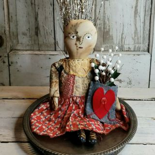 Primitive Folk Art Doll Vintage Quilt & Feed Sack Dress W/ Heart Pocket Bag
