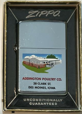 Vintage 1964 Town & Country Zippo W/ Poultry Farm Building Graphic - W/ Box
