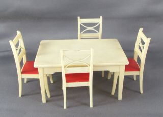 Vintage Renwal Dollhouse Kitchen Table & 4 Chairs - Red & Cream/off White