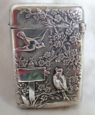 C1900 Fun Antique French Art Nouveau Silver Vesta Case Birds Alphonse Frontin