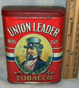 Antique Union Leader Tin Litho Vertical Pocket Tobacco Can Uncle Sam White 5