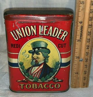 Antique Union Leader Tin Litho Vertical Pocket Tobacco Can Uncle Sam Black 4