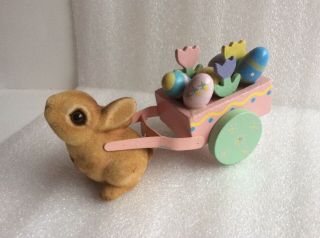 Vintage Josef Originals Furry Flocked Easter Bunny Rabbit Japan Wooden Egg Cart