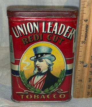 Antique Union Leader Tin Litho Vertical Pocket Tobacco Can Uncle Sam Redi Cut 3