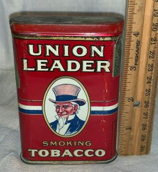 Antique Union Leader Tin Litho Vertical Pocket Tobacco Can Uncle Sam Smoking 1