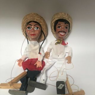 Vintage Mexican Man And Woman Marionette Folk Art Wooden Sombreros String Puppet