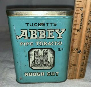 Antique Tucketts Abbey Pipe Tobacco 10 Cent Tin Litho Vertical Pocket Can Canada