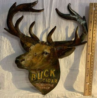 Antique Buck Cigar Tin Litho Die Cut Embossed Tobacco Sign Country Store Deer