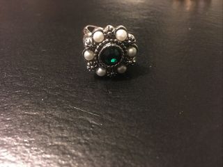 Vintage Sarah Coventry Adjustable Ring Faux Pearls And Green Rhinestone 2