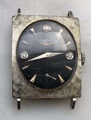 Longines 14K White Gold Vintage Men ' s Watch Oval Black Dial Florentine Case 3