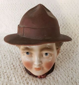 Antique H&s Porcelain Toby Figural Tobacco Jar Humidor " Boy Scout " Germany