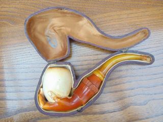 Antique 19th Century Hand Crafted Meerschaum Pipe With Amber Stem & Case