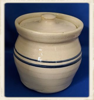 Vintage Blue Striped Stoneware Crock Cookie Jar W/lid