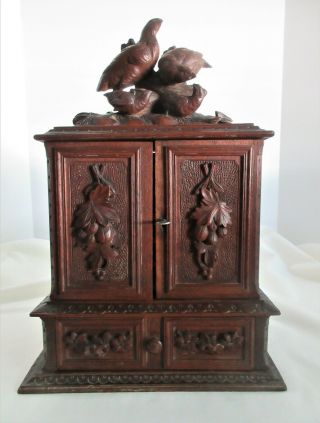Antique,  19th Century,  Table Top Carved Black Forest Wood Cigar Humidor With Key