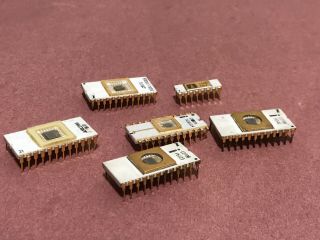 6 Microprocessors Vintage Computer Chips Gold White Ceramic Intel Amd,  No Res