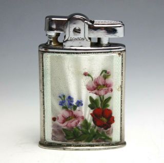 Vintage Hand Painted Floral Guilloche Enamel Sterling Silver Ronson Lighter