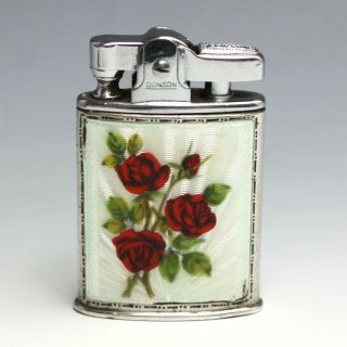 Vintage Hand Painted Rose Guilloche Enamel Sterling Silver Ronson Lighter