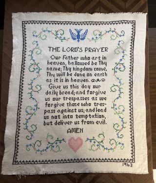 Vintage The Lords Prayer Cross Stitch Christianity Jesus Mary Joseph 1963