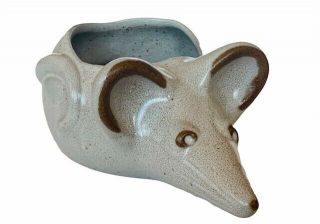 Mouse Figurine Pottery Folk Art Clay Sculpture Anthropomorphic Planter Vtg Gray