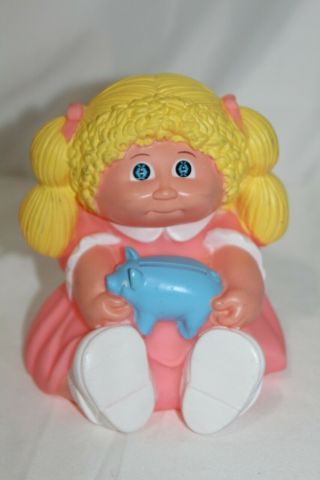 Vintage Cabbage Patch Kid 1982 Plastic Vinyl Bank Blonde Girl Pink Dress Blue