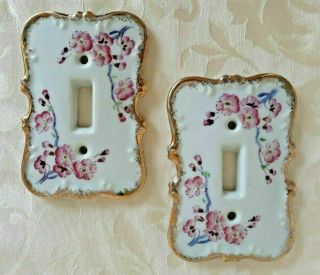 Vintage Shabby Chic Porcelain Light Switch Plate Covers Cherry Blossom Gold Trim